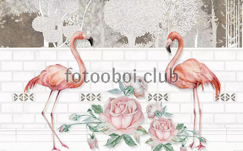 кирпичная стена, розовые фламинго, узор, цветы, розы, деревья, лес, 3д, 3d